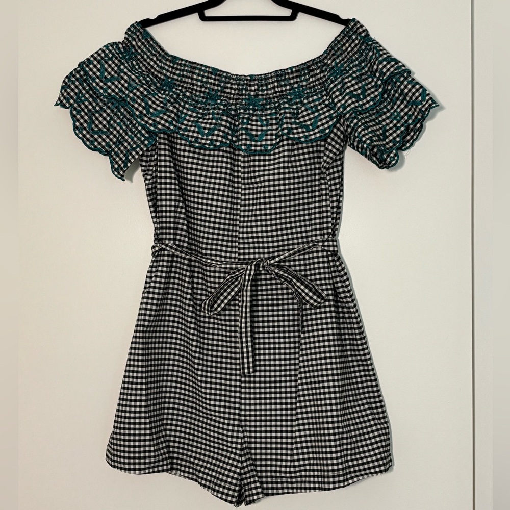 LOFT Off the Shoulder Black and White Gingham Pattern Romper